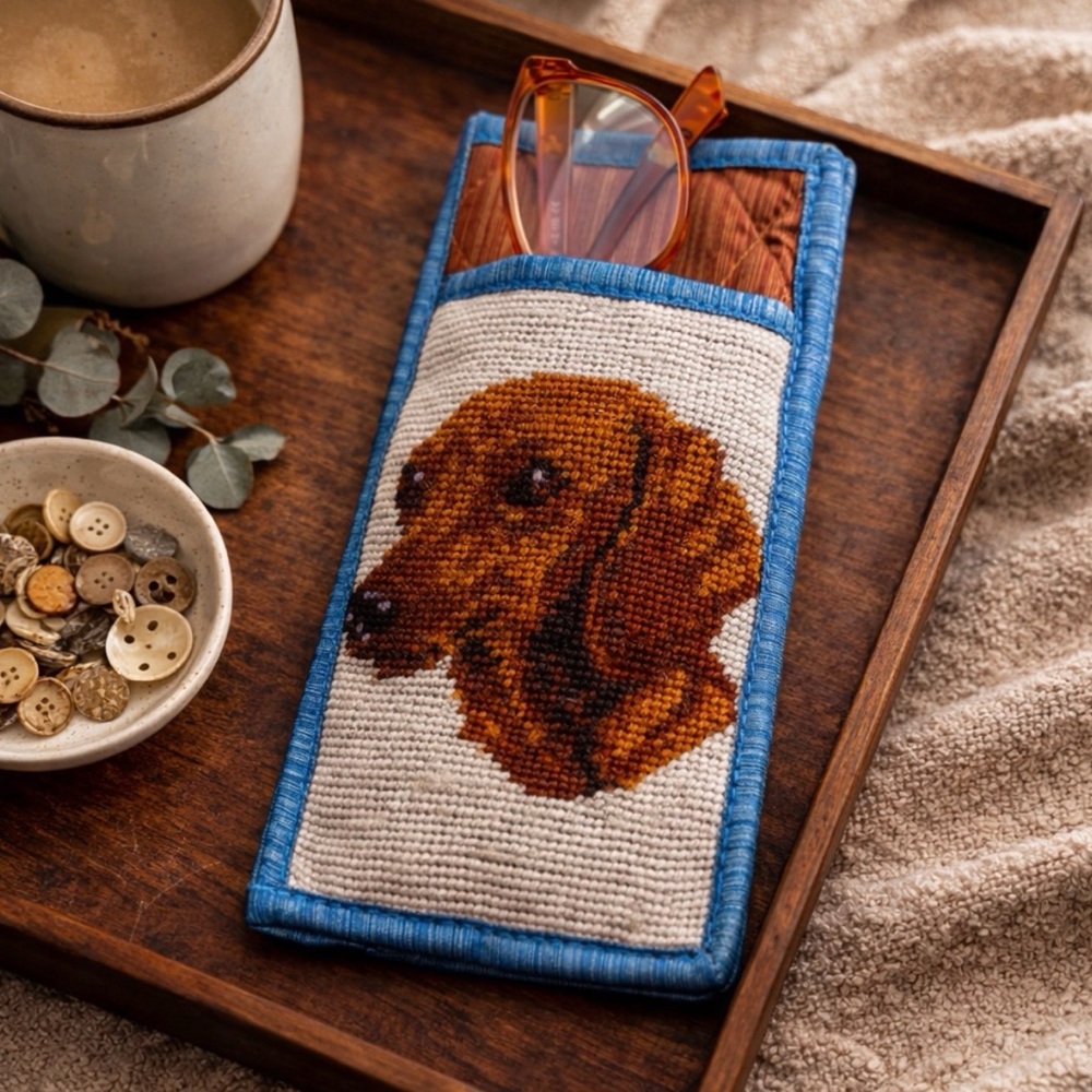 Vintage Needlepoint Dog Glasses Case Dachshund Handmade Gift NWT
